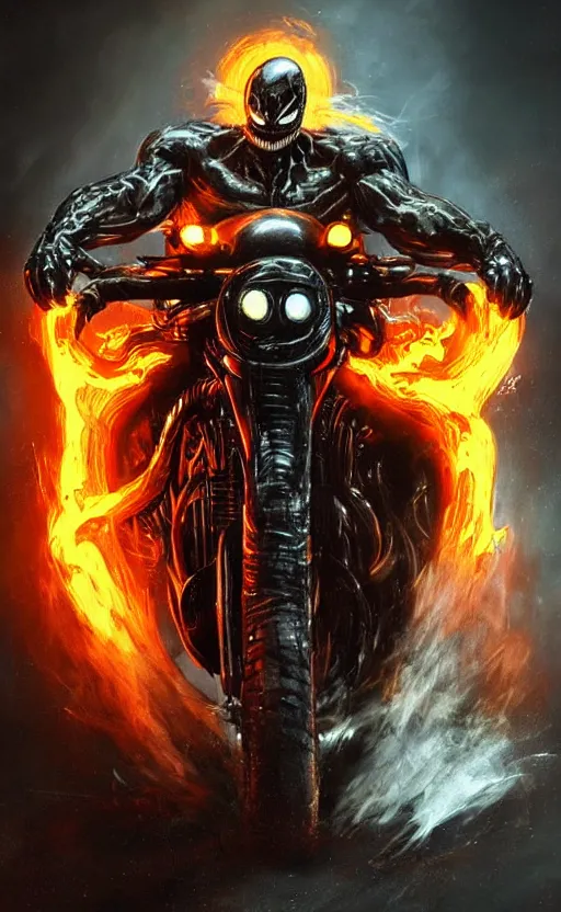 Image similar to venom as ghost rider on a motorcycle, dynamic lighting, photorealistic fantasy concept art, trending on art station, stunning visuals, terrifying, creative, cinematic