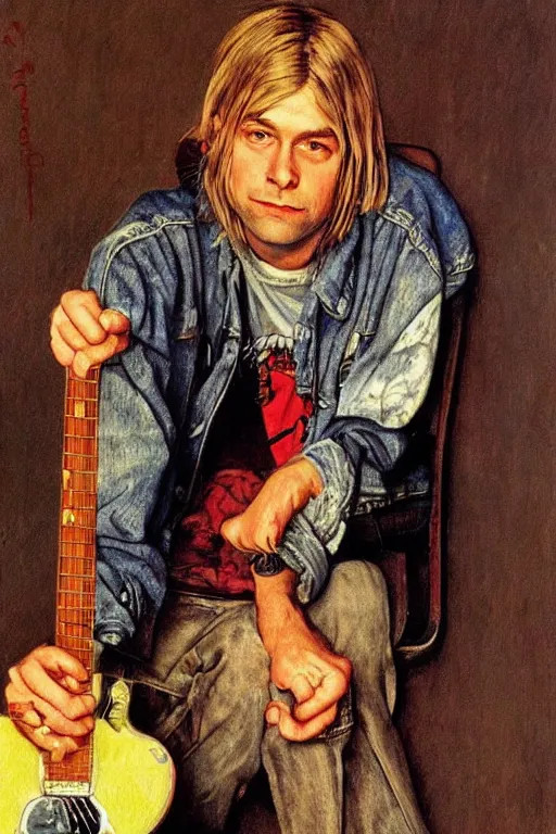 Image similar to kurt cobain from nirvana painted by norman rockwell