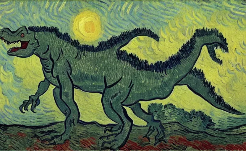 Prompt: oil painting by van gogh of a dinosaur.