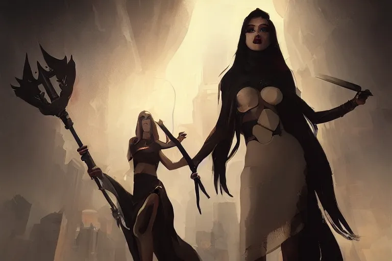 Image similar to seductive goddes holding a grim reapers tool in a modern city in the style of Durand and greg rutkowski, beautiful, geometric, trending on artstation, cinematic