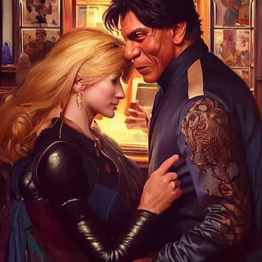 Image similar to vinnie jones flirting with shah rukh khann in a pub, real life skin, intricate, elegant, highly detailed, artstation, concept art, smooth, sharp focus, art by artgerm and greg rutkowski and alphonse mucha