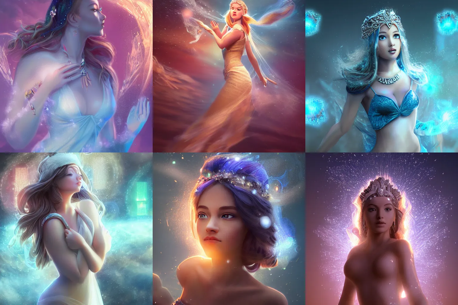 Prompt: a beautiful female goddess of cold character, character is in all its glory, character is in her natural relaxed pose, rim lights, particles and dust in the air, fancy clouds, highly detailed professional photo, dynamic lights, particles are flying, depth of field, trending on artstation, illustration, hyper realistic, vray caustics, super detailed, colorful accents, cinematic shot