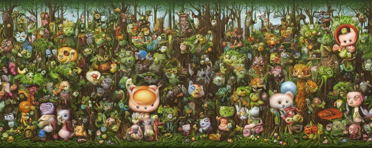 Image similar to fantasy world of forest little creatures by Mark Ryden and Alex Gross, Todd Schorr highly detailed