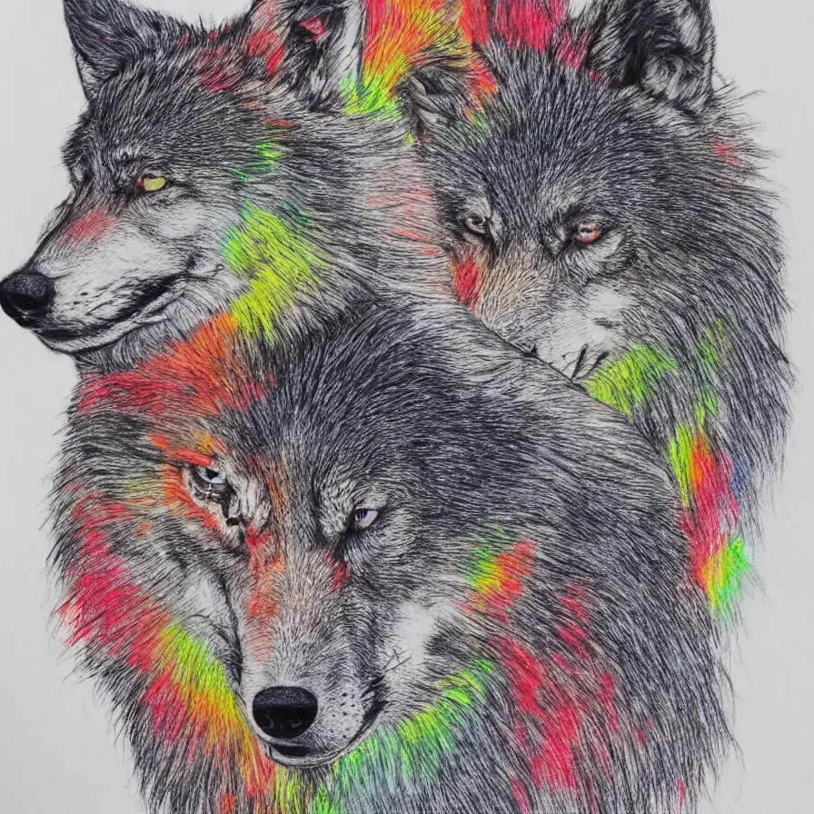 Prompt: highly detailed colored pencil drawing of a 3-headed wolf, on grainy white paper, pastels, double-exposure risograph print, faded primary colors, dusty