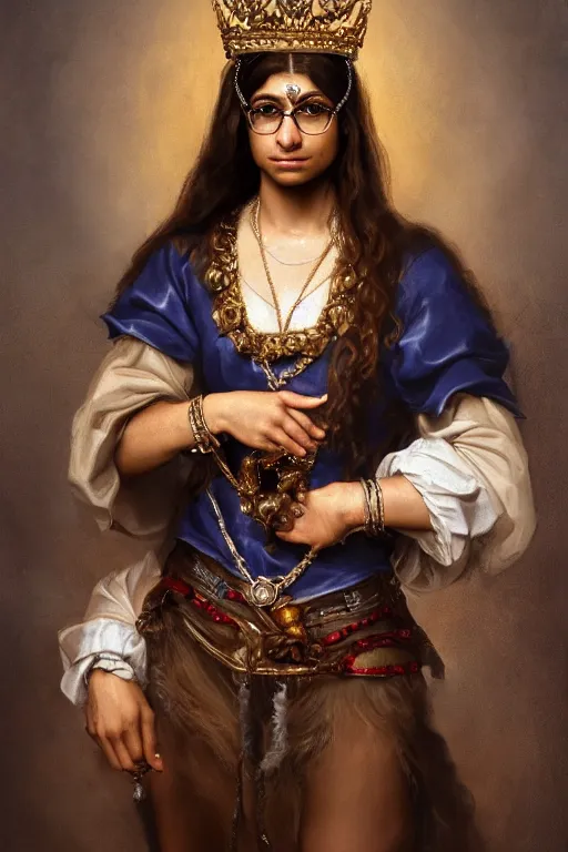 Image similar to Gorgeous full-body renaissance portrait of Mia Khalifa as a queen of fantasy kingdom with Crown of thorns on his head, front view, gold, artstation, very beautiful, luxurious, impressive, soft light, by Anthony van Dyck and Daniel Gerhartz