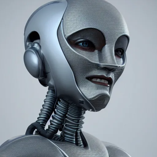 Image similar to an amazing robot-helmet, robotic head-bust portrait, of a sci-fi, human robot hybrid with weaponized systems built into the 3d helmet, cgi, zbrush, blender, octane render