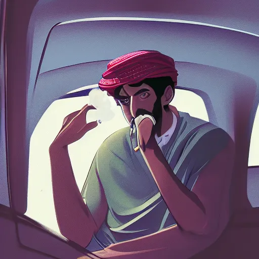 Image similar to saudi arab man smoking inside a car, anime digital art in the style of greg rutkowski and craig mullins, 4 k