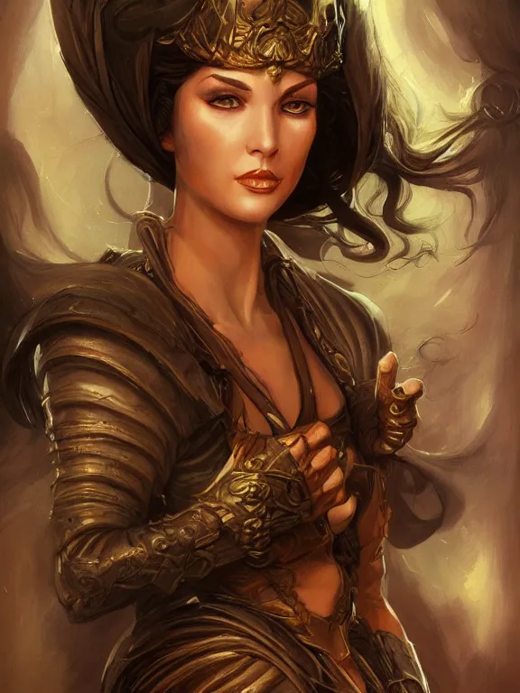 Image similar to a portrait of a beautiful female wizard, full face, beautiful clothes, style of Boris Vallejo and Frank Frazetta, very detailed, fantasy art, rule of thirds, trending on artstation and deviantart