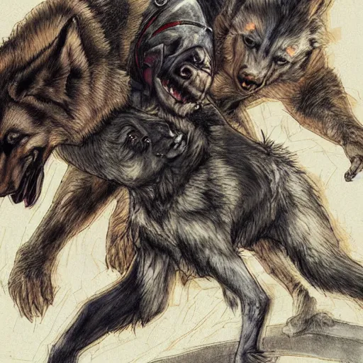 Image similar to a humanoid german shepherd beast - man wrestling with another german shepherd in the middle of an arena, pencil art, added detail, high definiton, colored, aerial viewyoji shinkawa