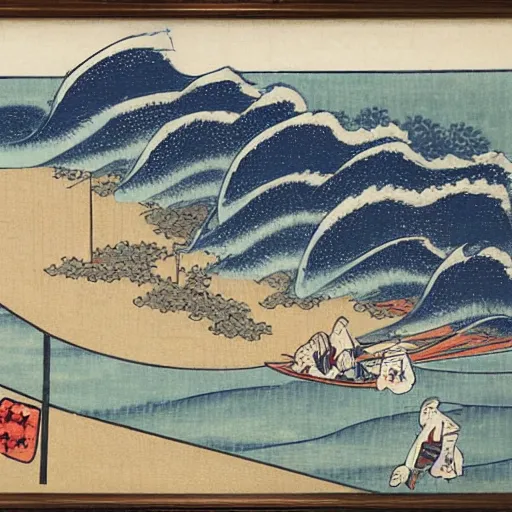 Prompt: samurai on a beach facing the sea, godzilla coming out of water causing a tsunami, ukiyo - e, japanese wood painting