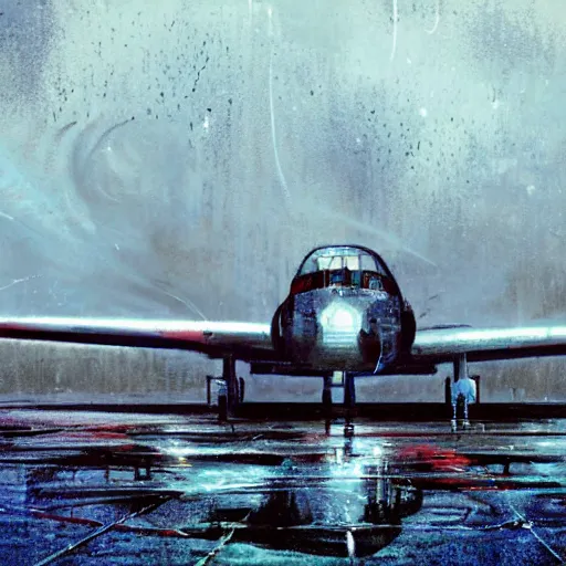 Image similar to movie frame of a vintage scrappy aircraft parked on the empty tarmac on a misty day, wet ground, neon lights, very wide angle shot, dramatic composition, by ian mcque, lip comarella, ferdinand knab, makoto shinkai and lois van baarle, artgerm, pixar, ilya kuvshinov,, tom bagshaw, global illumination