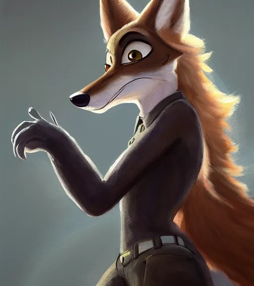 Image similar to oil painting of full body of anthromorphic female wolf, in style of zootopia, zootopia, zootopia, fursona, furry, furaffinity, 4 k, deviantart, furry art, fursona art, wearing black business suit, business suit, in style of zootopia, wolf fursona, cyberpunk, female, expressive detailed feminine face,