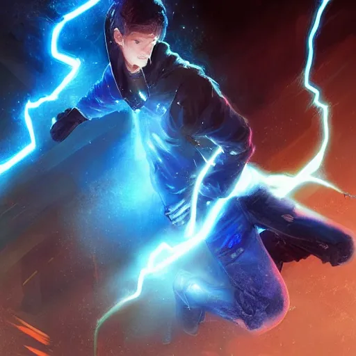 Image similar to a teen boy with glowing blue eyes sparkling with blue lightning in emotional turmoil. sparks. electricity. digital art. fantasy. matte painting sharp focus. action pose. dynamic poses. highly detailed. uhd. by repin. krenz cushart tianhua xu