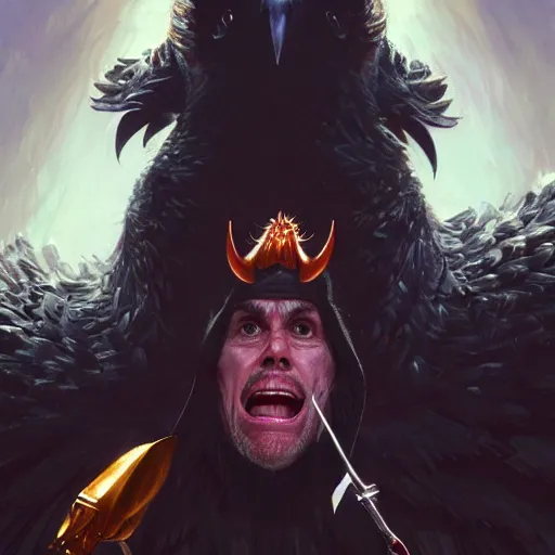 Image similar to jim carrey controlling evil ravens, demonic, evil, satanic, intricate, highly detailed, digital painting, artstation, concept art, smooth, sharp focus, illustration, unreal engine 5, 8 k, art by artgerm and greg rutkowski and alphonse mucha