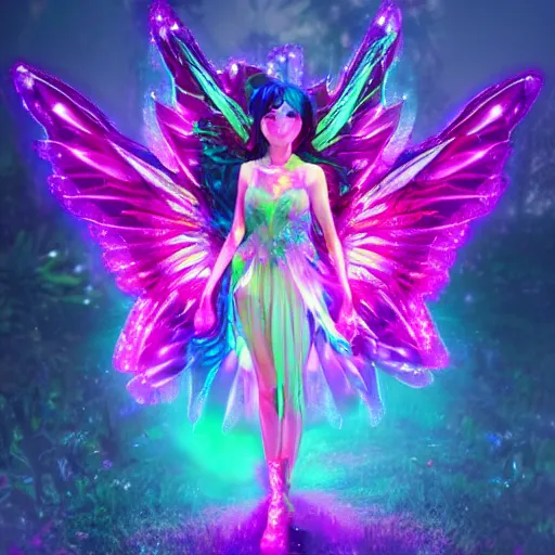 Image similar to cyberpunk fairy princess, galaxy wings, woodland grove, neon wings beautiful colorful pretty artistic 4 k artstation trending dramatic lighting realistic floral garden blooming flowers