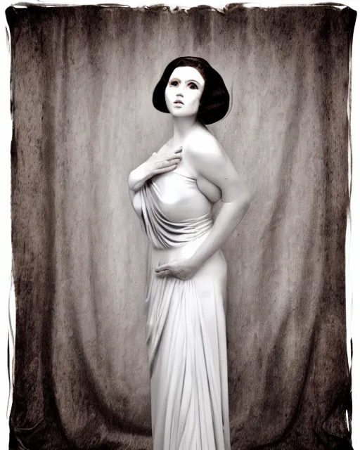 Prompt: a vintage portrait of a pale skin dark hair queen by armstrong wolf, realistic, curves, soft pale tone, airbrush dark dress, standing, drapery, curtain, dawn - n 9