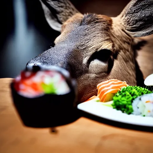 Image similar to photograph of a deer eating sushi