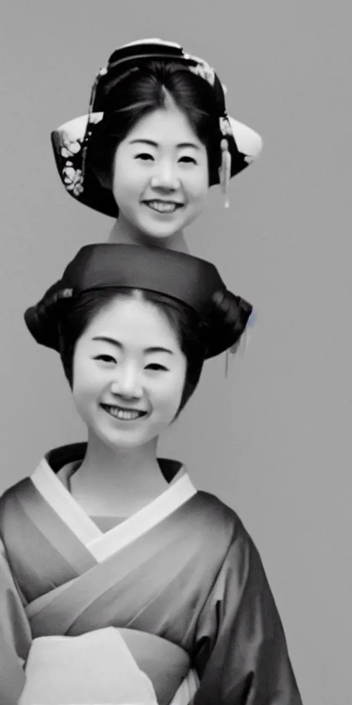 Prompt: A photo of young Japanese geisha smiling at camera and wearing T-shirt