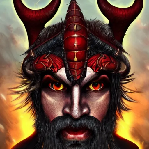 Image similar to dnd style portrait of a tiefling, male, red scales, red skin, a big black beard, completely golden eyes, 2 black ram horns growing out of his forehead,