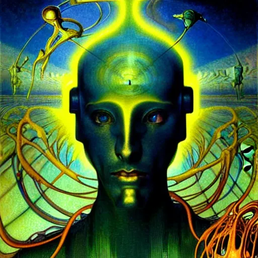 Image similar to realistic extremely detailed portrait painting of a glowing male silhouette, futuristic sci-fi landscape on background by Jean Delville, Amano, Yves Tanguy, Alphonse Mucha, Ernst Haeckel, Edward Robert Hughes, Roger Dean, rich moody colours, blue eyes