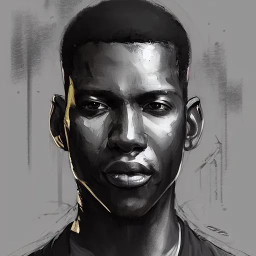 Image similar to Portrait of a black man by Greg Rutkowski, he is about 30 years old, short hair, manly, attractive, smart looking, tall and slim, he is wearing a utilitarian gray and black jumpsuit, highly detailed portrait, scifi, digital painting, artstation, concept art, smooth, sharp foccus ilustration, Artstation HQ