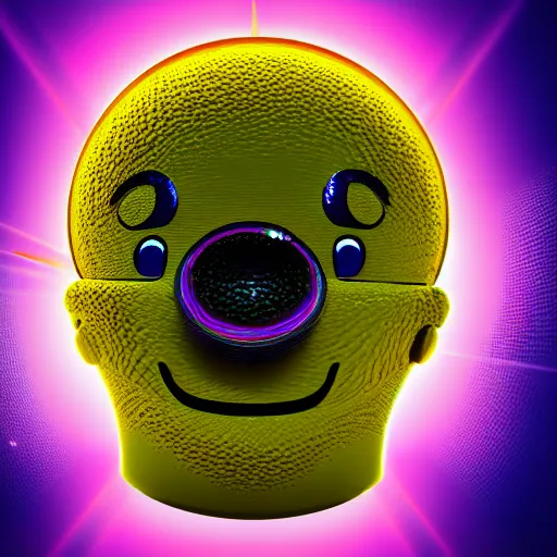 Image similar to exploding mind, happy emoji, 3 d render, 4 k, glossy sphere, psychodelic colors, black background