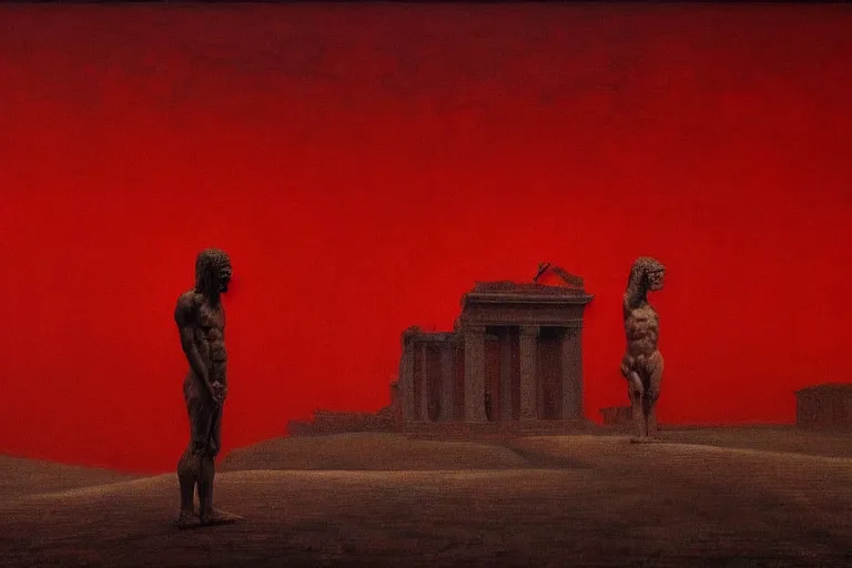 Image similar to only with red, caesar after war, the great deal, a red tiger, in hoc signo vinces, rome in background, an ancient path, in the style of beksinski, part by hopper, part by rodcenko, part by hofbauer, intricate composition, red by caravaggio, insanely quality, highly detailed, masterpiece, red light, artstation