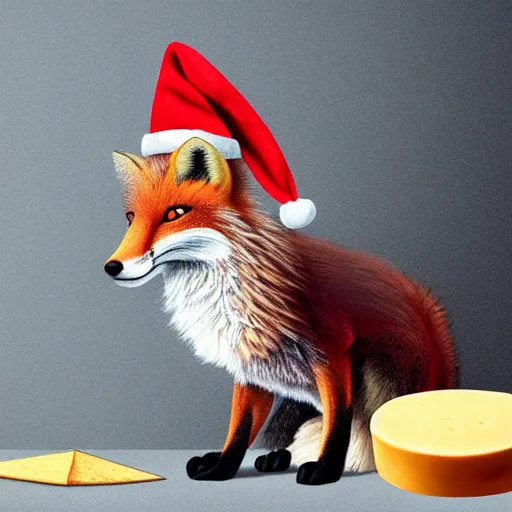 Image similar to perfectly-centered-Portrait-full-shot of a fox, wearing a santa hat, sitting next to a pile of cheese, intricate, elegant, super highly detailed, professional digital painting, artstation, concept art, smooth, sharp focus, no blur, no dof, extreme illustration, Unreal Engine 5, 8K, art by artgerm and greg rutkowski and alphonse mucha and loish and WLO