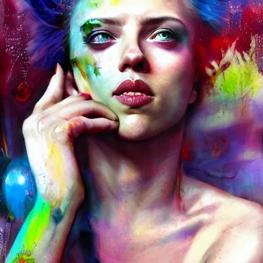 Image similar to drunken scarlett johansson as delirium from sandman, one green colored eye and one blue colored eye, ( hallucinating colorful soap bubbles ), by jeremy mann, by sandra chevrier, by dave mckean and richard avedon and maciej kuciara, 8 0's, punk rock, tank girl, high detailed, 8 k