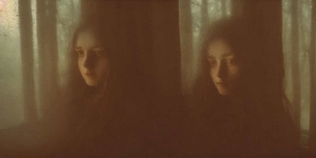 Image similar to portrait bust of young woman, tired expression, faded color film, russian cinema, tarkovsky, kodachrome, inside old cabin, next to window, heavy forest outside, long brown hair, old clothing, heavy fog, brown color palette, hudson river school, 4 k, dramatic lighting, greg rutkowski