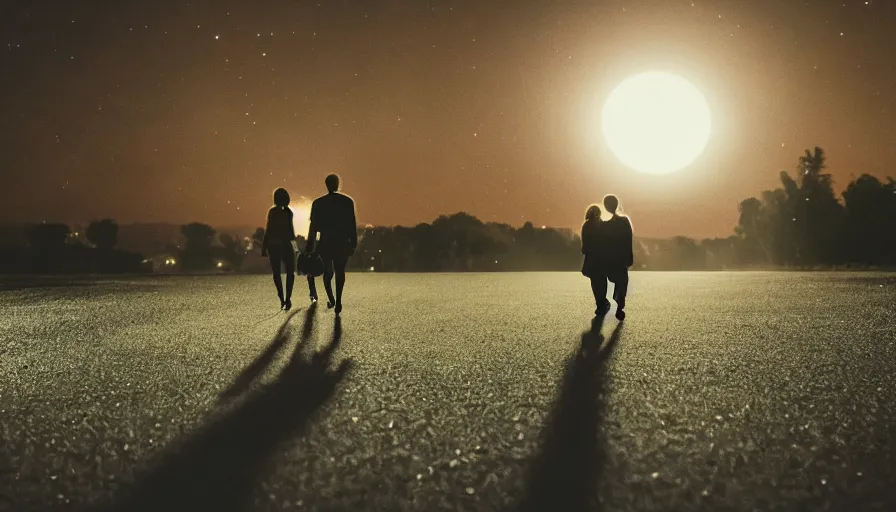 Image similar to a couple leaving together in the night, walking towards the full moon, cinematic lighting, wow, establishing shot