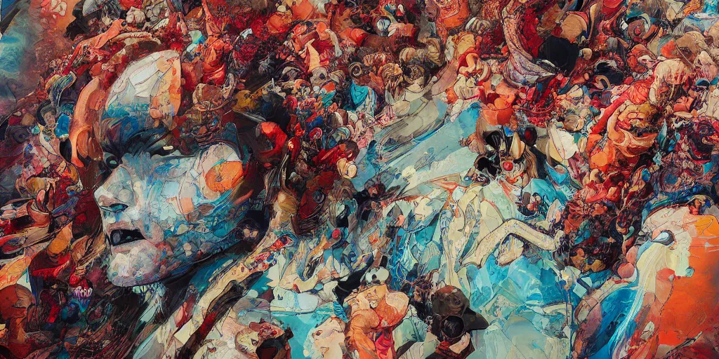 Image similar to highly textured oil painting modern art abstract exhibition with alot of people by james jean and katsuhiro otomo and erik jones, inspired by akira anime, smooth texture, intricate oil painting, high detail illustration, sharp high detail, long exposure