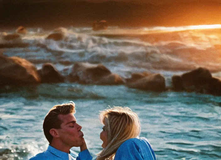 Image similar to A hyper realistic and detailed photography of a couple kissing from movie Here to Eternity, laying on secluded beach. by Cameron Hammond. 1955. Cinematic. Golden Hour. Kodak Portra 400. Lens flare. 35mm lens