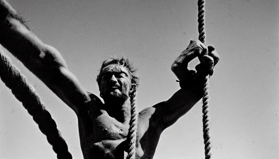 Prompt: 1 9 6 0 s movie still close - up of marcus atilius regulus tied with ropes at pole in direction of the burning sun with blood flowing off his eyes cinestill 8 0 0 t 3 5 mm b & w, high quality, heavy grain, high detail, texture, dramatic light, anamorphic, hyperrealistic, detailed hair