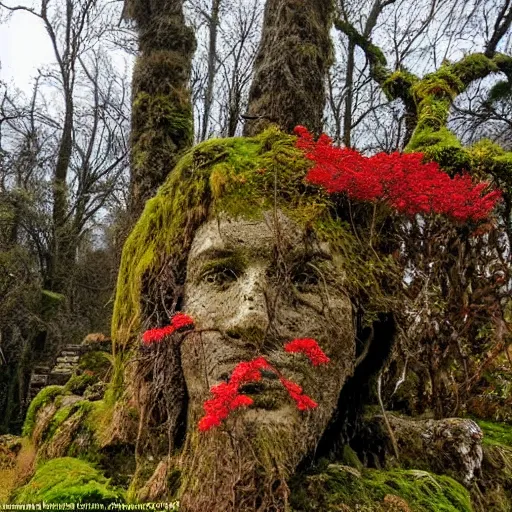 Image similar to the ruins of a giant stone brick village in a breathtaking landscape, red vines and moss growing over everything, a broken stone statue of a man with a red stone sword pointing into the distance