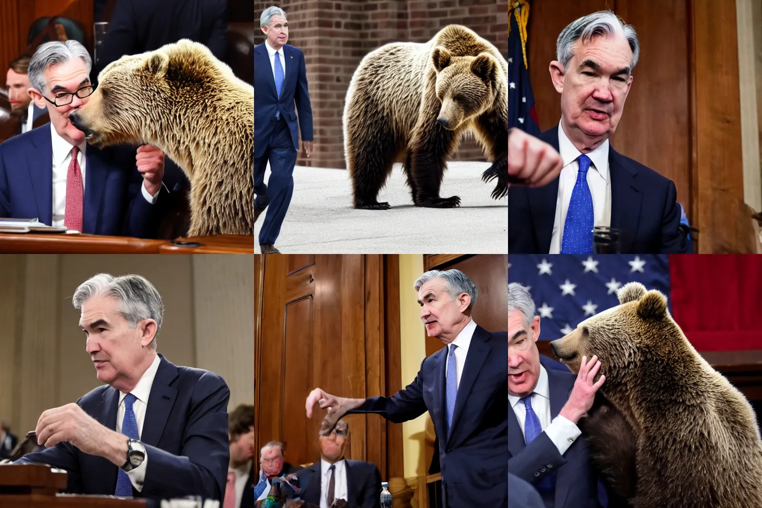 Prompt: Jerome Powell punches a grizzly bear at the State of the Union