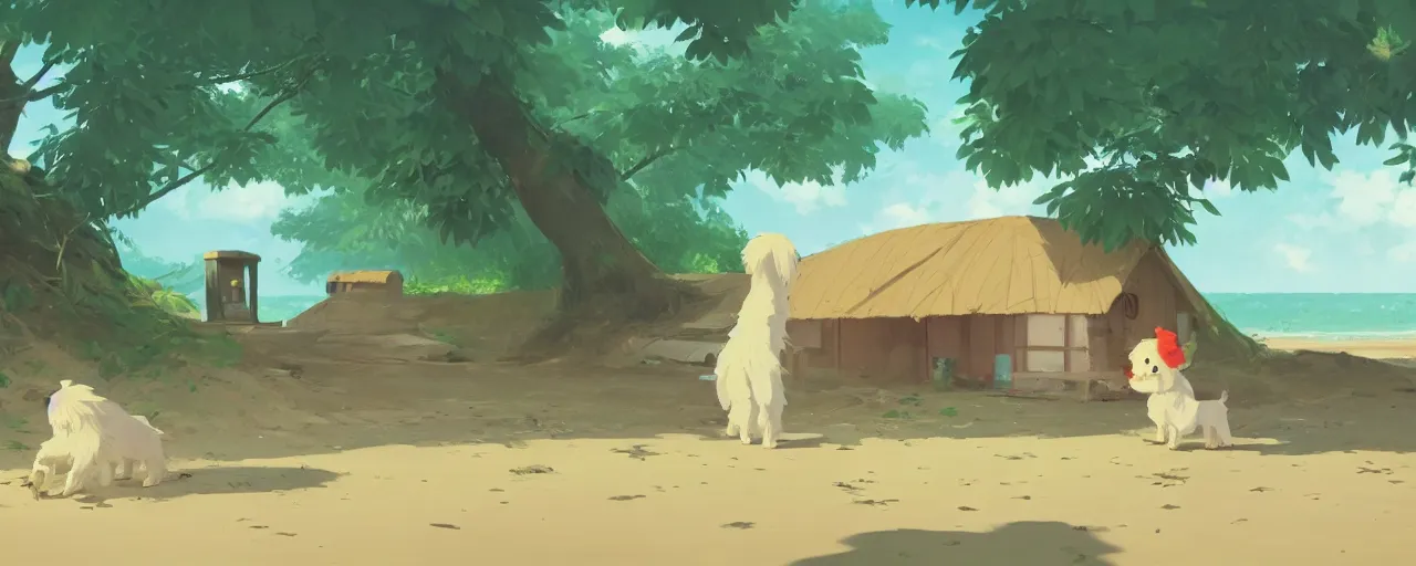 Image similar to a cream - colored havanese dog building a house from leaves and trees at a tropical beach, atey ghailan, goro fujita, studio ghibli, rim light, exquisite lighting, clear focus, very coherent,