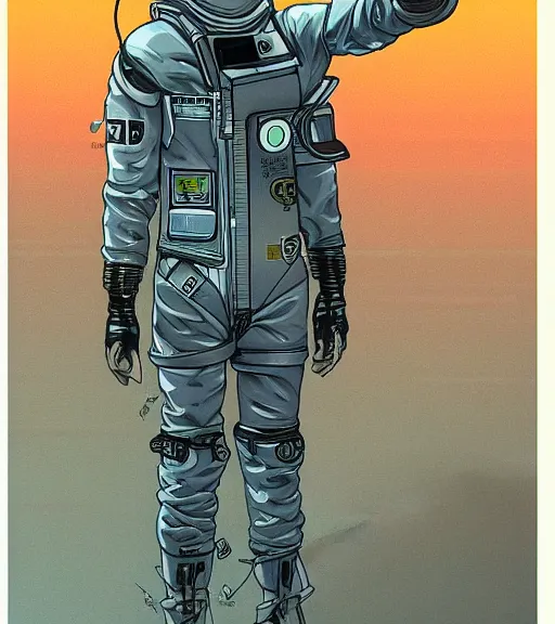 Image similar to cyberpunk japanese man with long limbs and a black spacesuit on a spacewalk, techwear, Industrial Scifi, detailed illustration, character portrait, by Martin Grip and Moebius