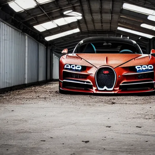Image similar to an abandoned rusty bugatti chiron in a dirty warehouse