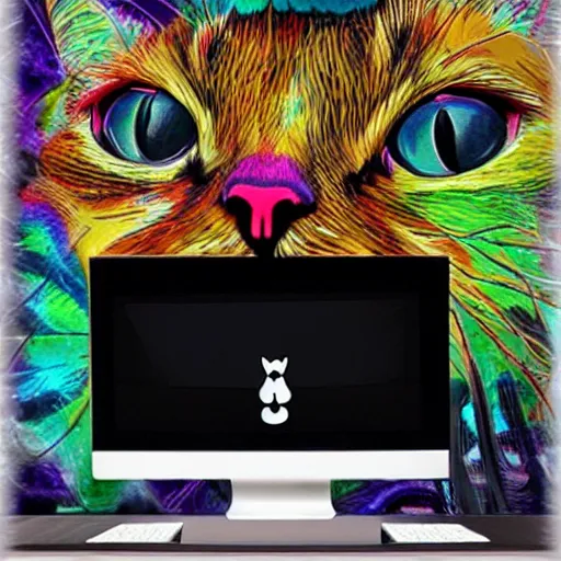 Prompt: a cat screaming at their computer vivid art masterpiece trending on arstation