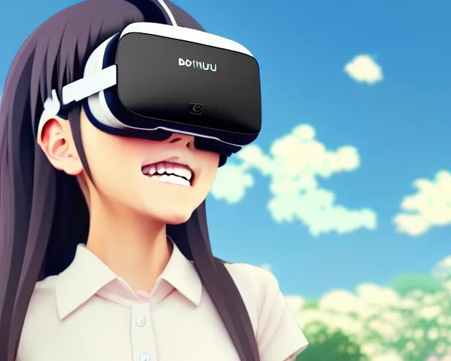 Image similar to anime fine details portrait of joyful girl in vr headset in school, bokeh. anime masterpiece by Studio Ghibli. 8k render, sharp high quality anime illustration in style of Ghibli, artstation