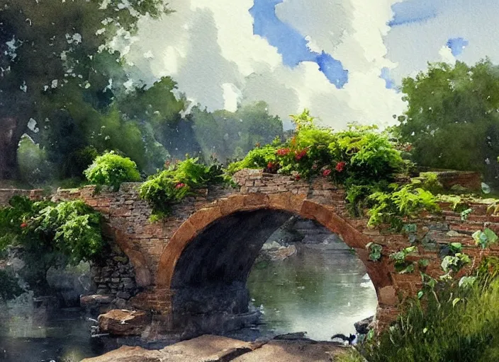 Image similar to watercolor of rustic stone bridge with mural, ivy, summer daylight, bright clear day, clouds, high detailed art by dennis miller bunker, work by anders zorn, wonderful masterpiece by greg rutkowski, beautiful cinematic light, american romanticism by greg manchess, creation by tyler edlin