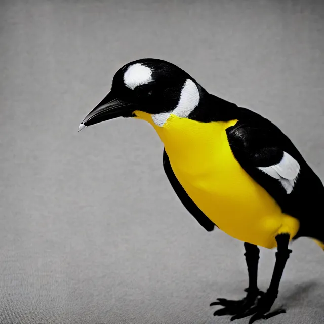 Prompt: a person wearing a fursuit of a yellow - bill magpie fursona, fursona, furry convention, hotel lobby, indoors, photograph, furry fandom, photorealistic,