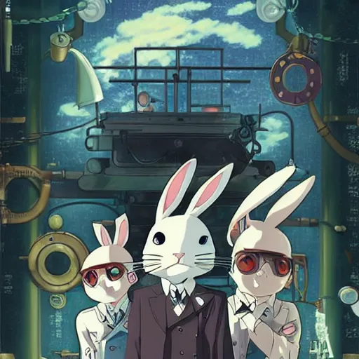 Image similar to film still Mechancial Bunny, a steampunk anime about scientists creating a mechanical bunny, art by Dice Tsutsumi, Makoto Shinkai, Studio Ghibli, playstation 2 printed game poster cover, cover art, poster, poster!!!