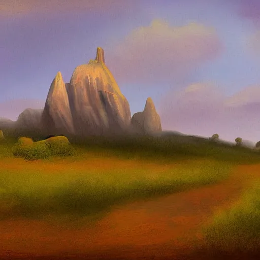 Prompt: a wide angle landscape of a prairie with a very large thin spire mountain in the distance, in the style of rococo, digital painting