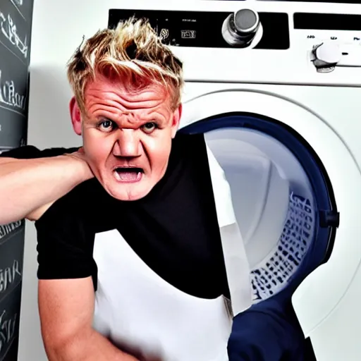 Image similar to photo of angry furious Gordon Ramsay poking his head out of a washing machine and shouting at the camera