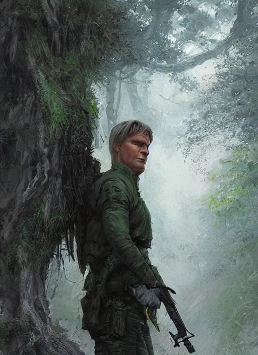 Image similar to portrait of a young richard dean anderson wearing a green combat uniform, in a post appocalyptic city overgrown by plants, by wlop, by luis royo, by greg rutkowski, cover illustration, concept art, volumetric lighting, volumetric atmosphere, sharp focus, octane render, trending on artstation, 8 k