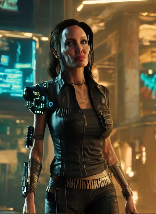 Image similar to film still of Angelina Jolie as Johnny Silverhand in Cyberpunk 2077, gameplay, 8k, HD