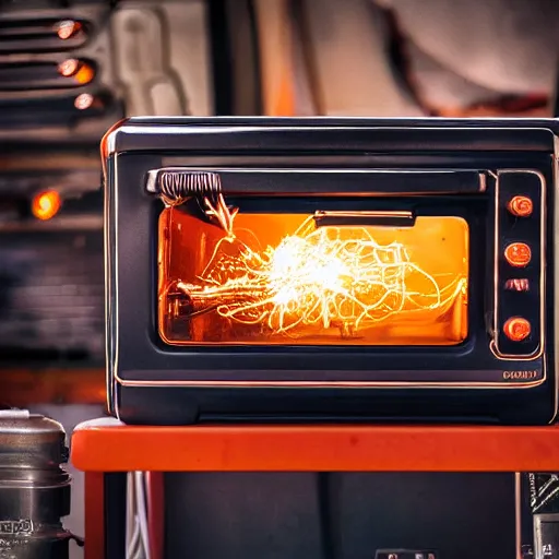 Image similar to cyborg toaster oven repairman, dark messy smoke - filled cluttered workshop, dark, dramatic lighting, orange tint, sparks, plasma rays, cinematic, highly detailed, sci - fi, futuristic, movie still, rule of thirds composition