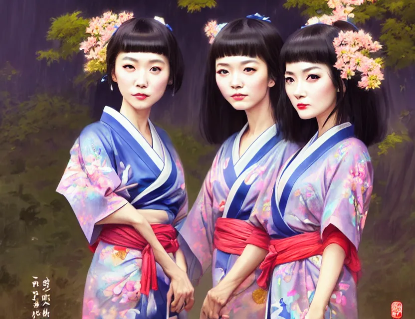 Image similar to two beautiful fashion taiwan girls wear fantasy yukata in festival | | big eyes, sunny, dreamlike art, realistic shaded, smile, good looking, fine details, 4 k realistic, cryengine, realistic shaded lighting poster by greg rutkowski, magali villeneuve, artgerm, jeremy lipkin and michael garmash and rob rey